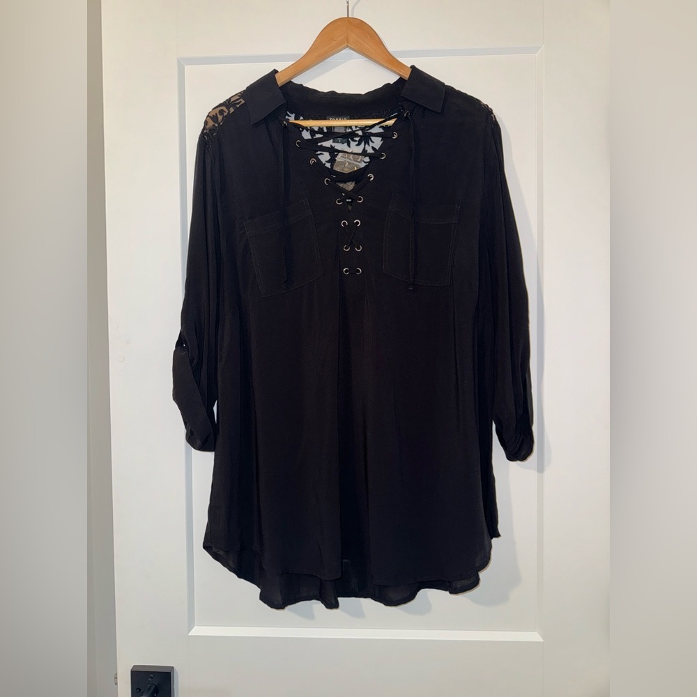 Torrid Black Challis 3/4 Sleeve Lace Up Embroidered Top